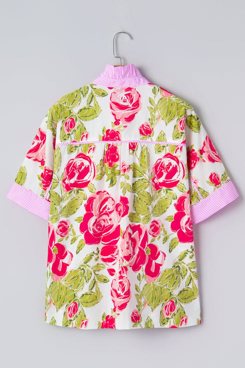 Mixed Pattern Ruffle Collar Short Sleeve Button Down Shirt