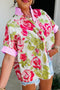 Mixed Pattern Ruffle Collar Short Sleeve Button Down Shirt