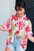 Mixed Pattern Ruffle Collar Short Sleeve Button Down Shirt