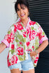 Mixed Pattern Ruffle Collar Short Sleeve Button Down Shirt
