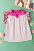 Mixed Pattern Ruffle Trim V Neck Cotton Blouse