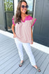Mixed Pattern Ruffle Trim V Neck Cotton Blouse