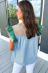 Mixed Pattern Ruffle Trim V Neck Cotton Blouse