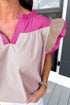 Mixed Pattern Ruffle Trim V Neck Cotton Blouse