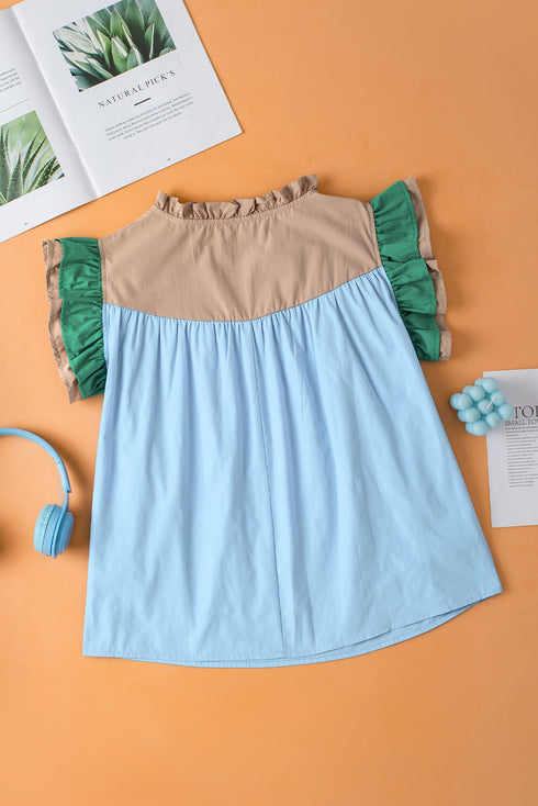 Mixed Pattern Ruffle Trim V Neck Cotton Blouse