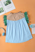 Mixed Pattern Ruffle Trim V Neck Cotton Blouse
