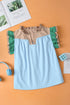 Mixed Pattern Ruffle Trim V Neck Cotton Blouse