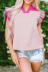Mixed Pattern Ruffle Trim V Neck Cotton Blouse