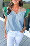 Mixed Pattern Ruffle Trim V Neck Cotton Blouse