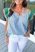 Mixed Pattern Ruffle Trim V Neck Cotton Blouse