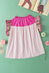 Mixed Pattern Ruffle Trim V Neck Cotton Blouse
