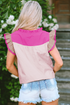 Mixed Pattern Ruffle Trim V Neck Cotton Blouse