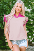 Mixed Pattern Ruffle Trim V Neck Cotton Blouse
