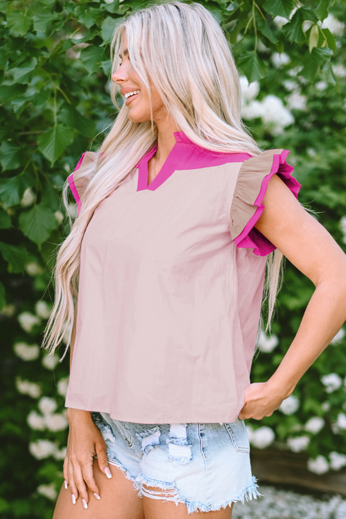 Mixed Pattern Ruffle Trim V Neck Cotton Blouse