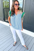 Mixed Pattern Ruffle Trim V Neck Cotton Blouse