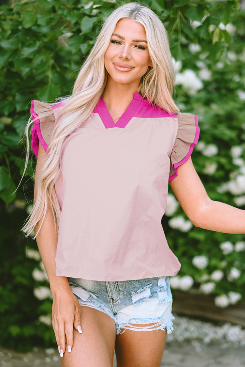 Mixed Pattern Ruffle Trim V Neck Cotton Blouse