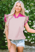 Mixed Pattern Ruffle Trim V Neck Cotton Blouse