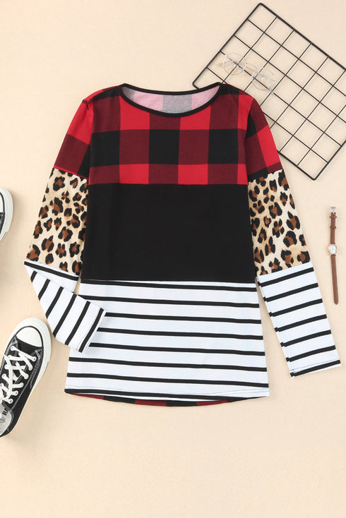 Mixed Pattern Splicing Long Sleeve Everyday Top