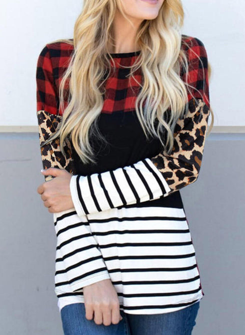 Mixed Pattern Splicing Long Sleeve Everyday Top