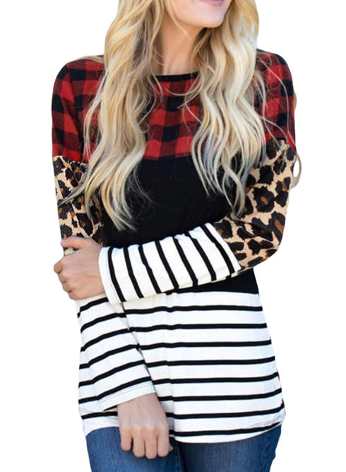 Mixed Pattern Splicing Long Sleeve Everyday Top