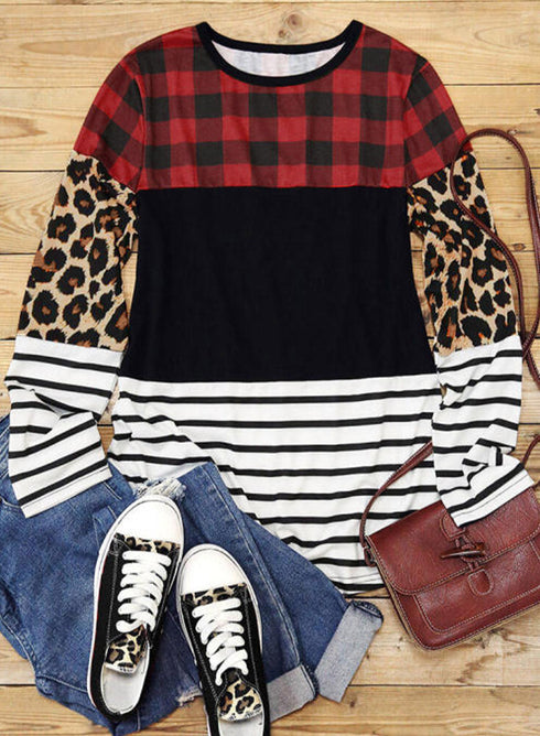 Mixed Pattern Splicing Long Sleeve Everyday Top
