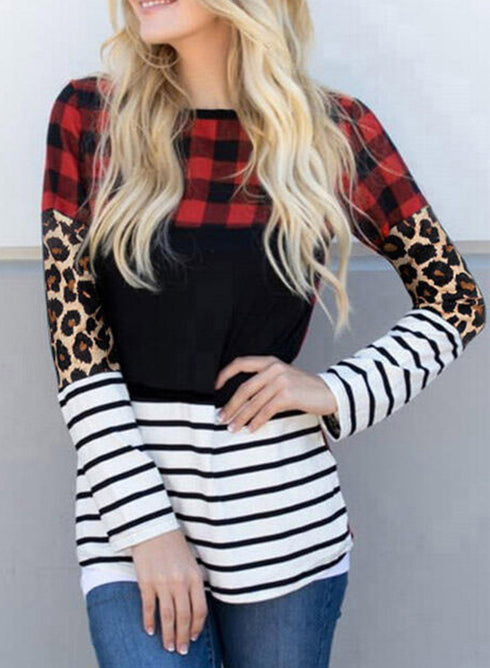 Mixed Pattern Splicing Long Sleeve Everyday Top
