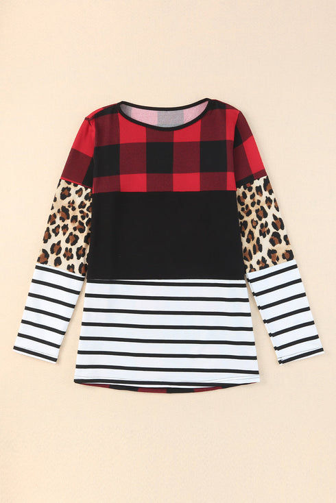 Mixed Pattern Splicing Long Sleeve Everyday Top