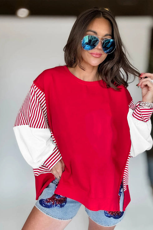 Mixed Pattern Striped And Leopard Sleeve Pullover Sweatshirt