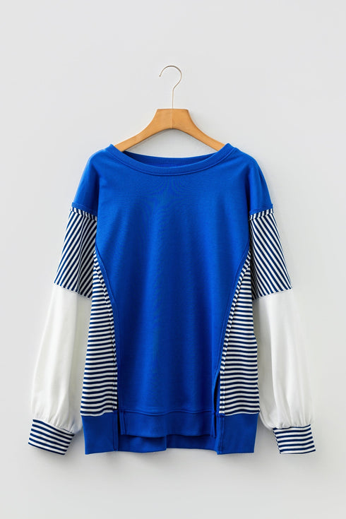 Mixed Pattern Striped And Leopard Sleeve Pullover Sweatshirt