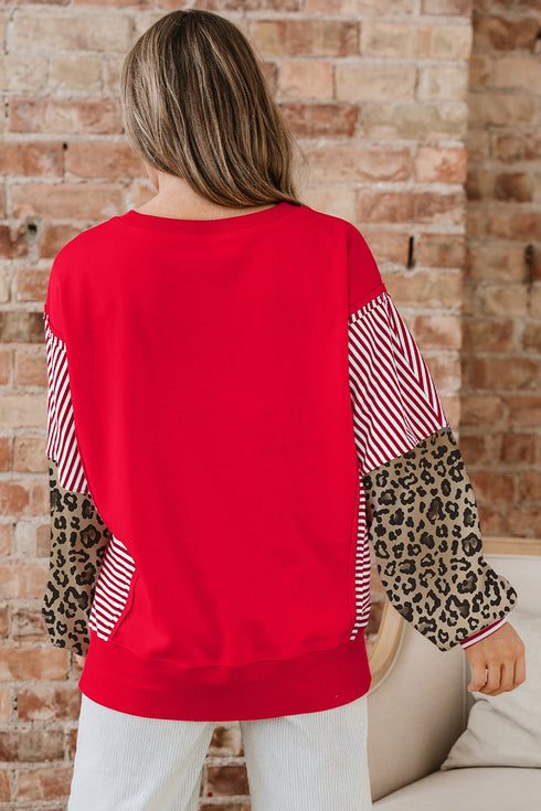 Mixed Pattern Striped And Leopard Sleeve Pullover Sweatshirt