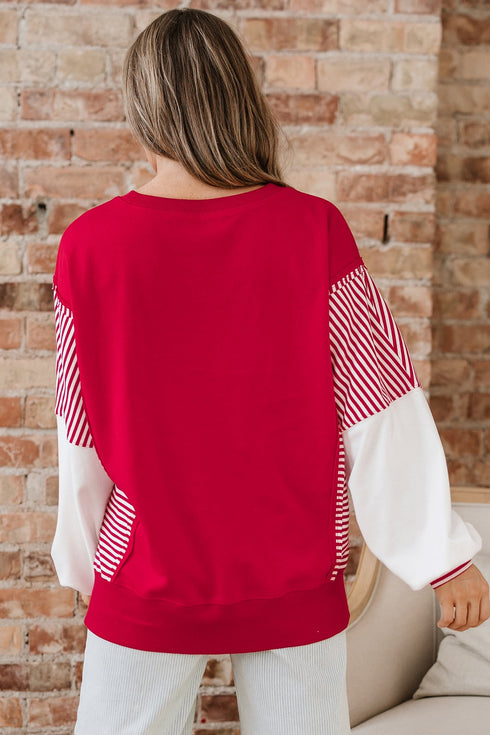 Mixed Pattern Striped And Leopard Sleeve Pullover Sweatshirt