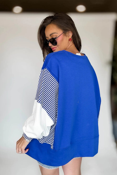 Mixed Pattern Striped And Leopard Sleeve Pullover Sweatshirt