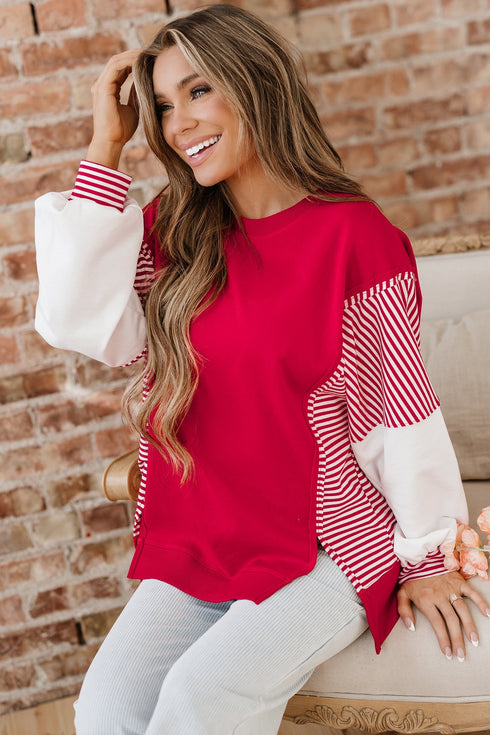 Mixed Pattern Striped And Leopard Sleeve Pullover Sweatshirt