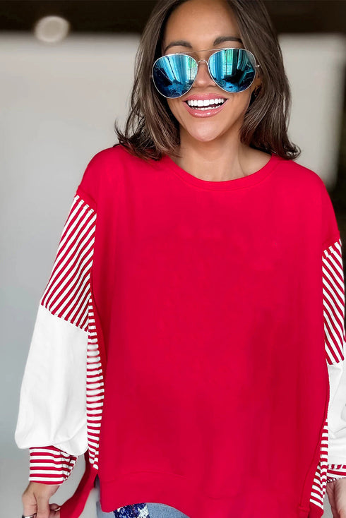Mixed Pattern Striped And Leopard Sleeve Pullover Sweatshirt