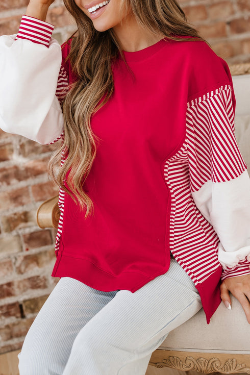 Mixed Pattern Striped And Leopard Sleeve Pullover Sweatshirt