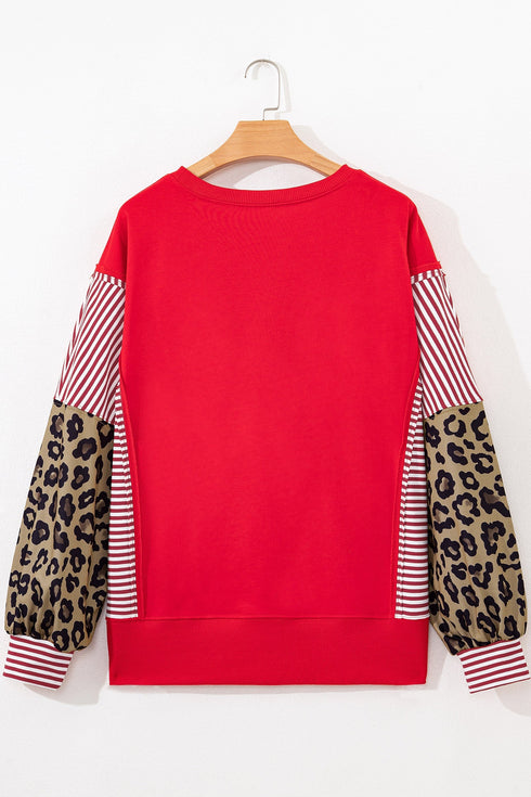 Mixed Pattern Striped And Leopard Sleeve Pullover Sweatshirt
