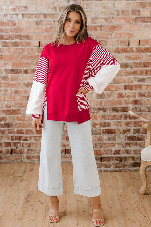 Mixed Pattern Striped And Leopard Sleeve Pullover Sweatshirt