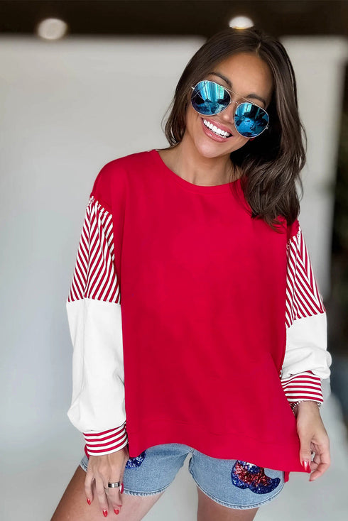 Mixed Pattern Striped And Leopard Sleeve Pullover Sweatshirt