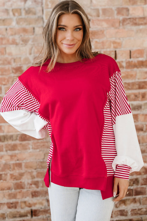 Mixed Pattern Striped And Leopard Sleeve Pullover Sweatshirt