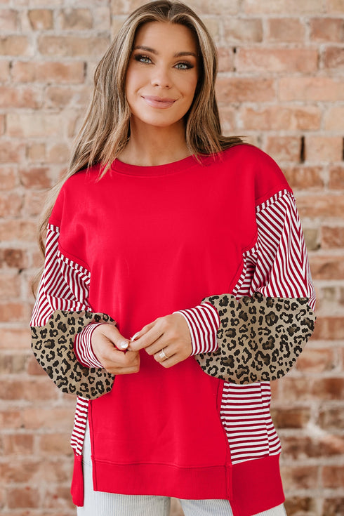 Mixed Pattern Striped And Leopard Sleeve Pullover Sweatshirt