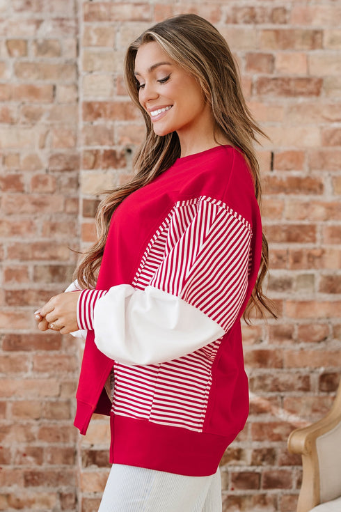 Mixed Pattern Striped And Leopard Sleeve Pullover Sweatshirt