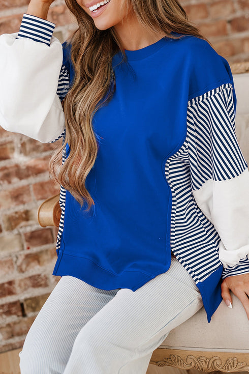 Mixed Pattern Striped And Leopard Sleeve Pullover Sweatshirt