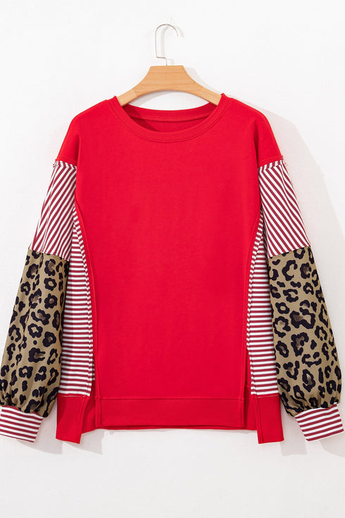 Mixed Pattern Striped And Leopard Sleeve Pullover Sweatshirt
