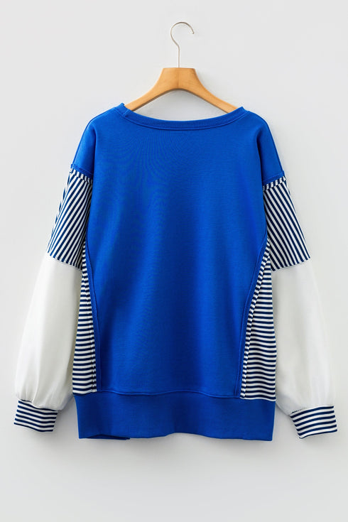 Mixed Pattern Striped And Leopard Sleeve Pullover Sweatshirt