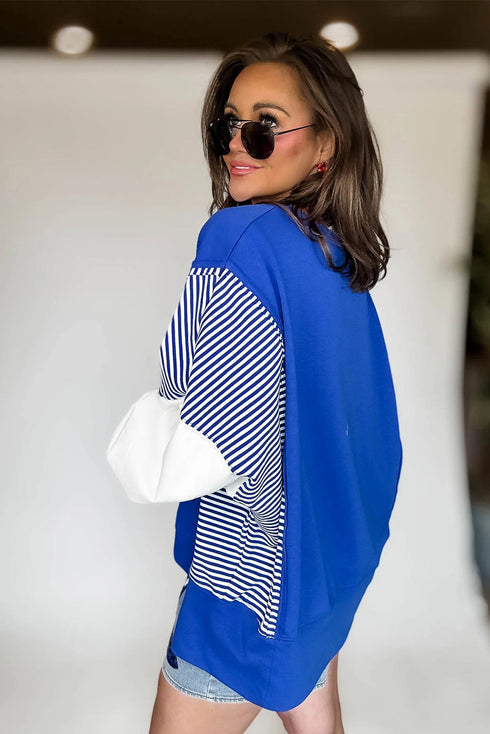 Mixed Pattern Striped And Leopard Sleeve Pullover Sweatshirt