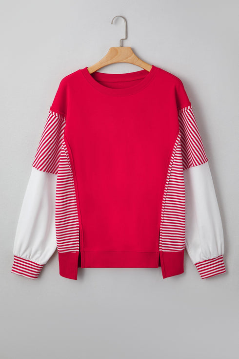 Mixed Pattern Striped And Leopard Sleeve Pullover Sweatshirt