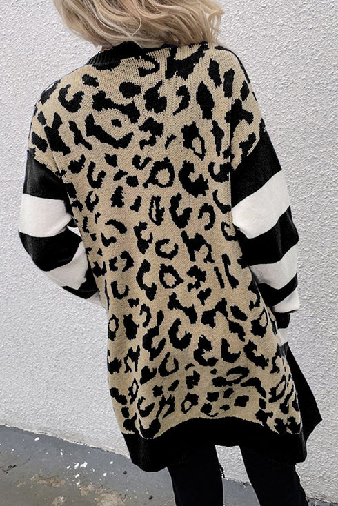 Mixed Pattern Striped Sleeve Open Front Knit Cardigan