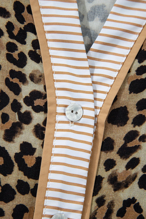 Mixed Pattern Striped Trim Button Down Blouse