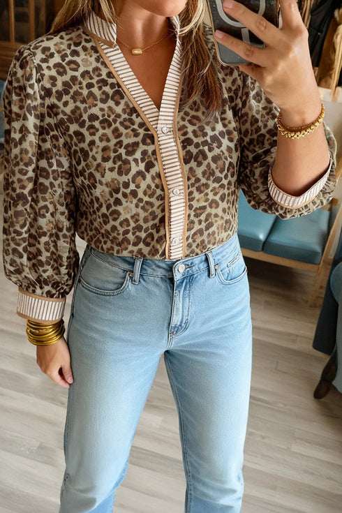 Mixed Pattern Striped Trim Button Down Blouse