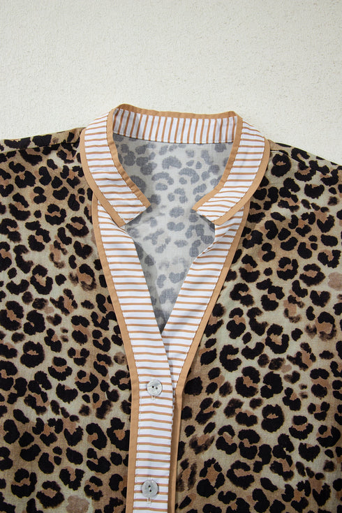 Mixed Pattern Striped Trim Button Down Blouse